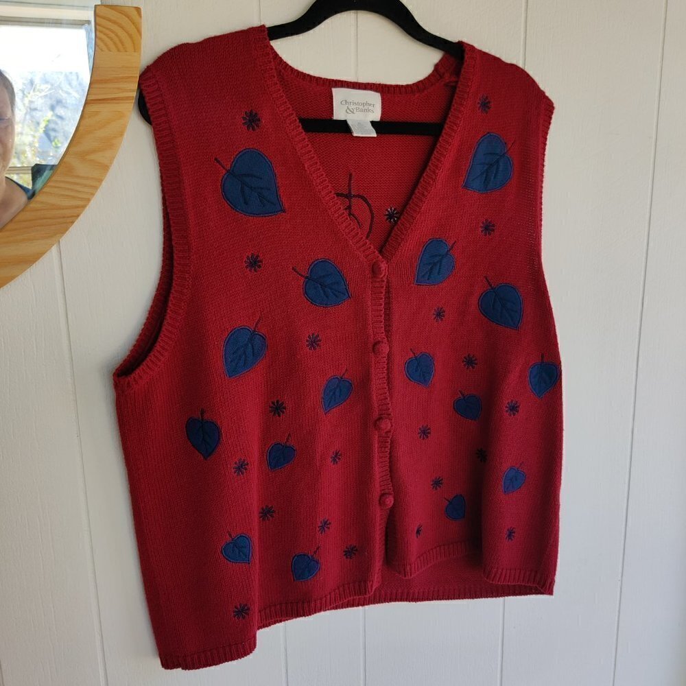 Vest, Red knit w/falling leaves and snow in blue embroidery. Christopher Banks - Picture 5 of 9